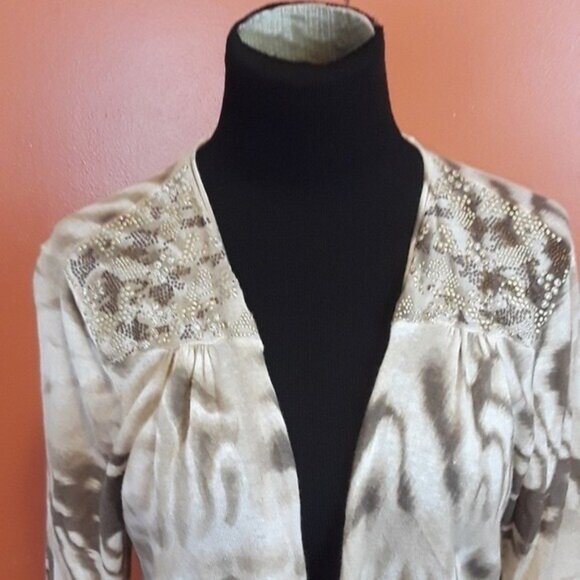 Chicos Womens Linen Blend Cardigan Large Beige Abstract Asymmetric Casual - Picture 3 of 7